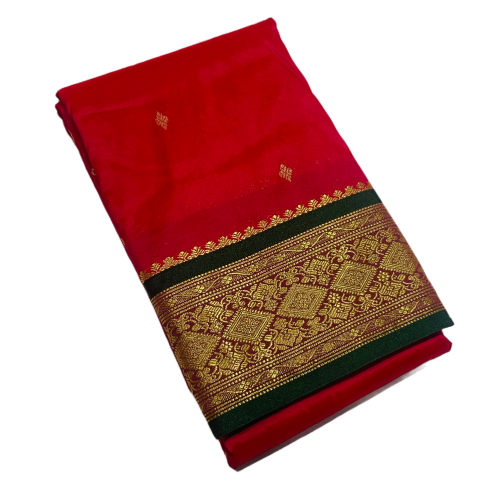 Red shade saree with Sliver and Dark Green Border