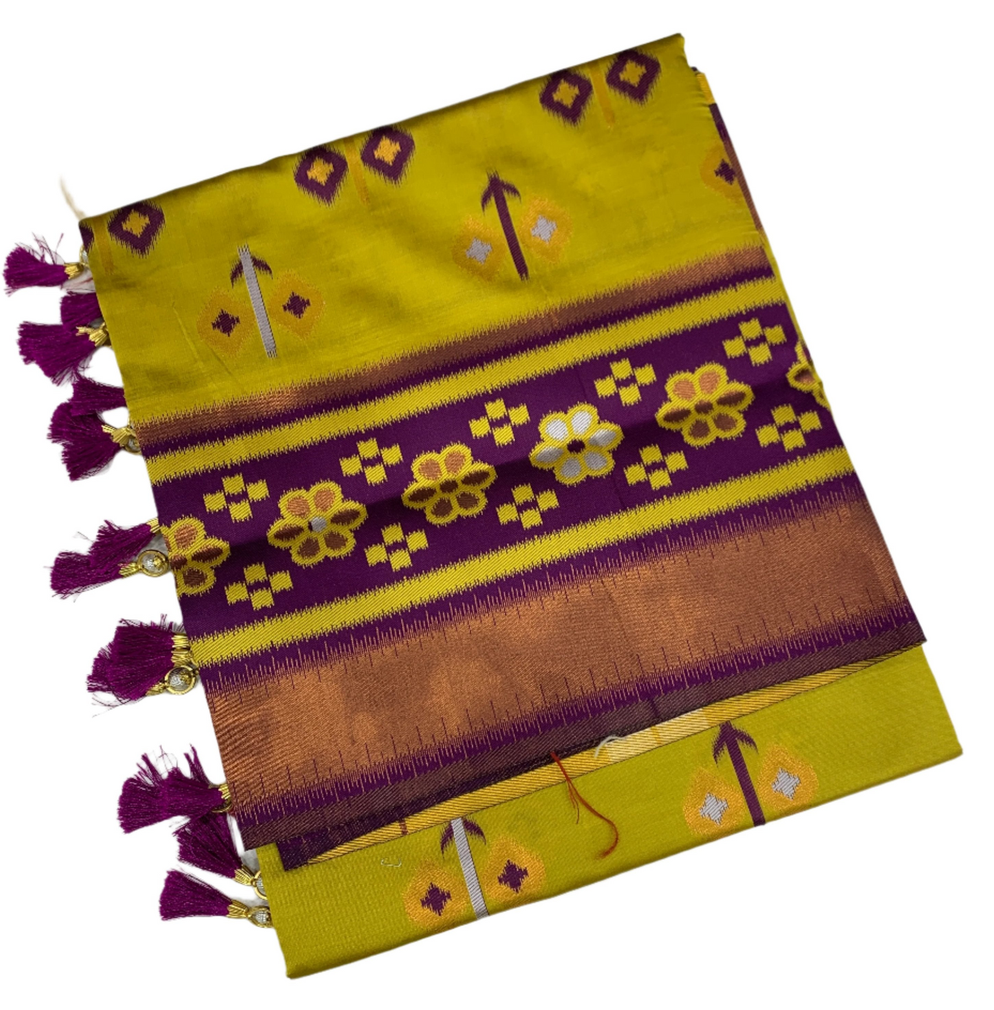 Pochampalli Semi Silk Saree Lemon Yellow Colour with Magenta Border