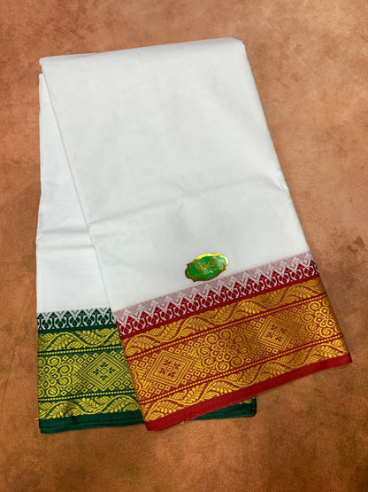 9X5 Cotton Dhoti White Colour with Red and Green Ganga Jamuna Border