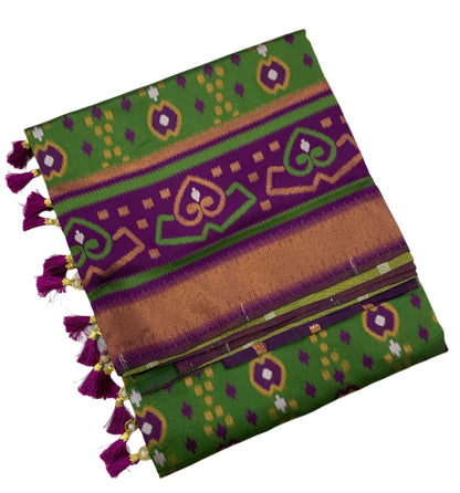 Pochampalli Semi Silk Saree Olive Green Colour with Magenta Border