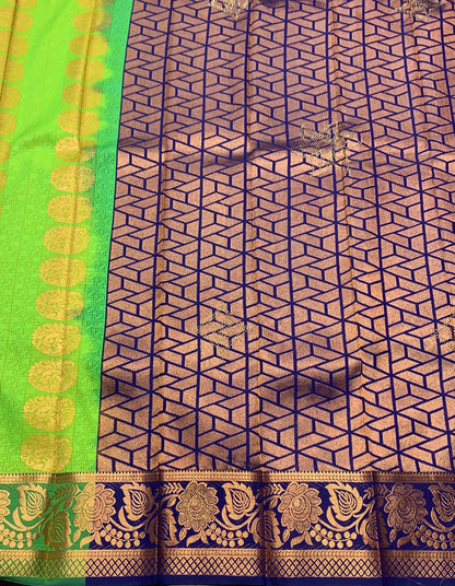 Vegan Silk Saree Light Green Colour with Copper and Green Floral Design Border
