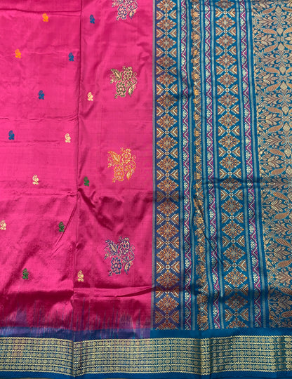 Pure Kanchipuram Silk Pink Colour with Sky Blue Colour Thread Work Border