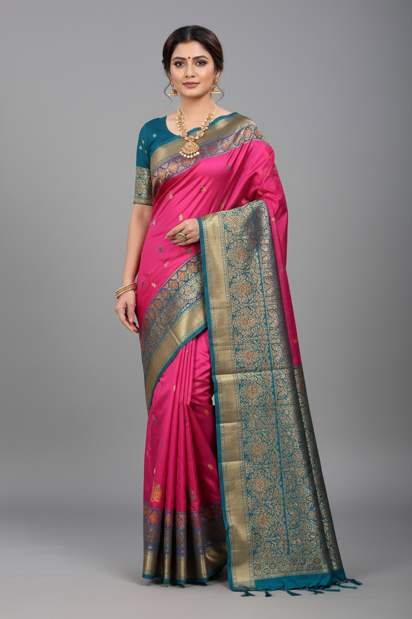 Pure Kanchipuram Silk Pink Colour with Sky Blue Colour Thread Work Border