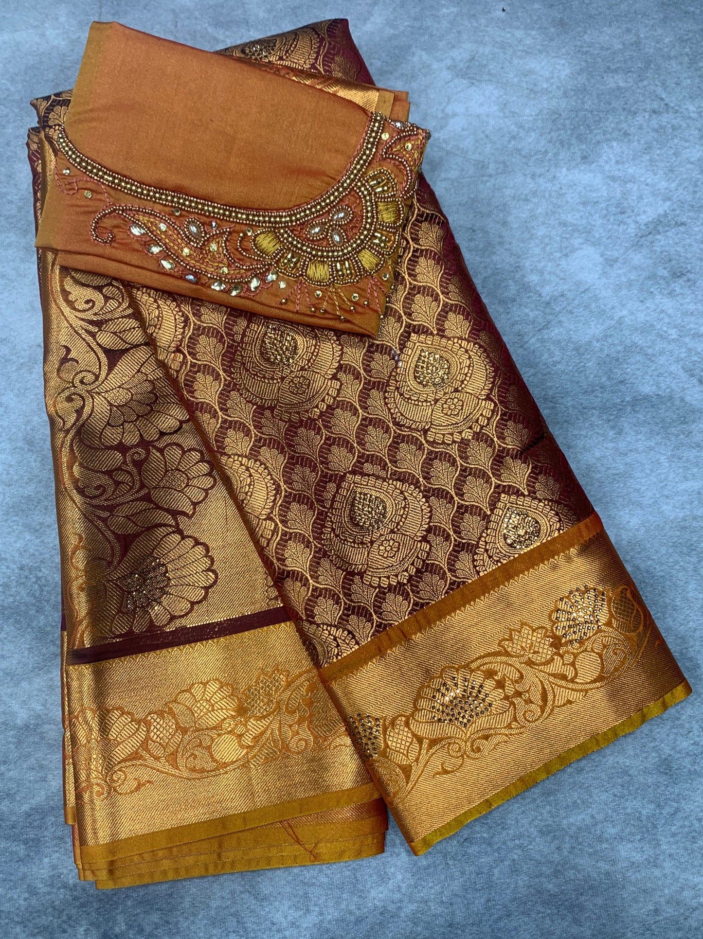 Bridal Vegan Silk Saree Brown shade with Golden Yellow Border with Unstitched blouse in Aari Work
