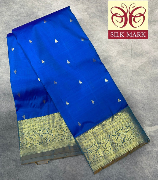 Pure Kanchipuram Silk Saree Blue Colour with Contrasting Light Blue Border and Gold Detailing