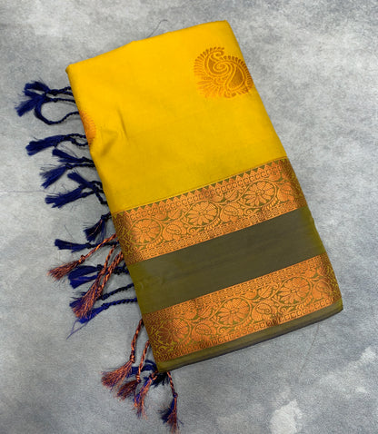 Soft Vegan Silk Saree Yellow Colour with Rettai Pettu Border