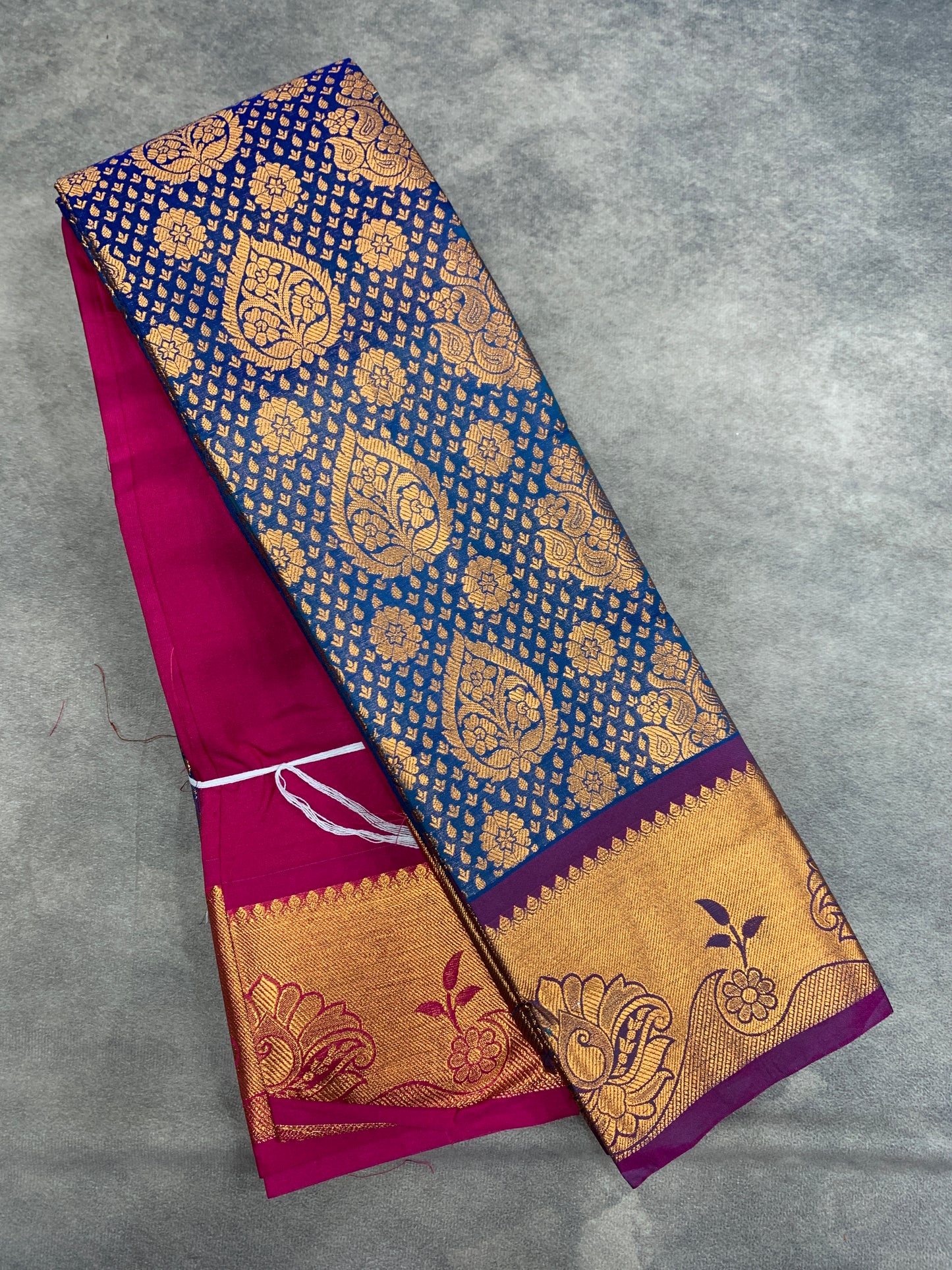 Vegan Silk Saree Blue Colour with Pink and Copper Border