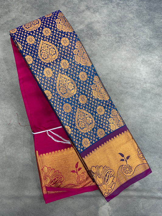 Vegan Silk Saree Blue Colour with Pink and Copper Border