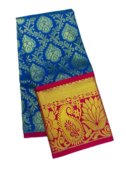 Blue shade Vegan Silk Kids Pattu Pavadai with contrast border for age 5 to 10