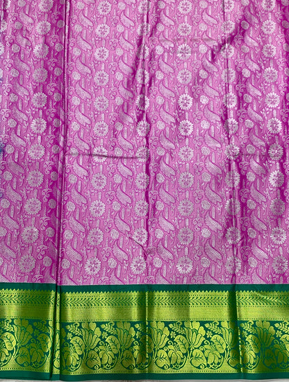 Baby Pink shade Vegan Silk Kids Pattu Pavadai with Contrast border for age 5 to 10