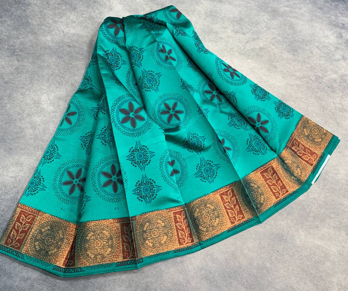 Fancy Cotton Saree Rama Green Colour with Copper Border