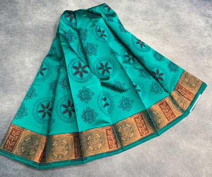 Fancy Cotton Saree Rama Green Colour with Copper Border