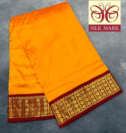9 yards Pure Kanchipuram Silk Saree Mango Yellow Colour with Maroon and Golden Zari Border