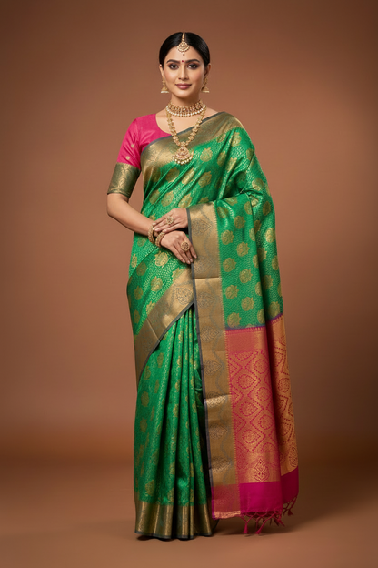 Vegan Silk Saree Light Green Colour with Copper and Magenta Border