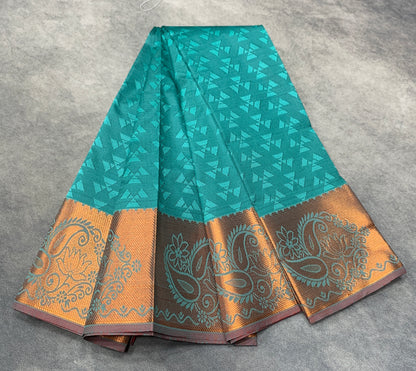 Synthetic Cotton Saree Rama Green Colour with Golden Floral Design Border