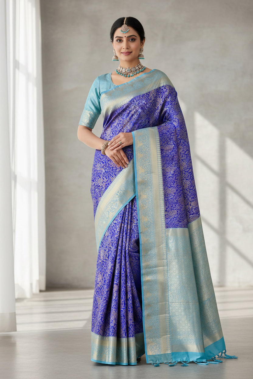 Blue Colour Soft Kanchi Tissue Pattu Saree with Large Sapphire Border