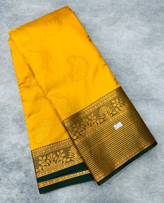 Soft Silk Casual Saree Golden Yellow Colour with Green and Golden Colour Border