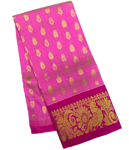 Baby Pink shade Pure kanchipuram Kids Pattu Pavadai with contrast border for newborn to 2 Years