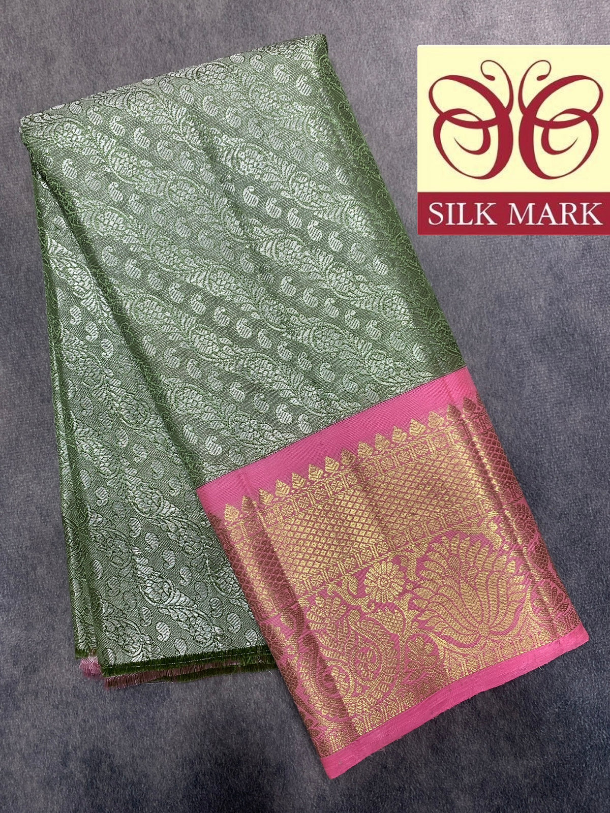 Pista Green Shade Pure Kanchipuram Kids Pattu Pavadai with Contrast Border for Newborn to 2 Years