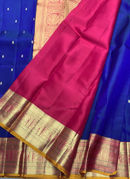 Pure Kanchipuram Silk Ink Blue Colour with Red and Golden Zari Border