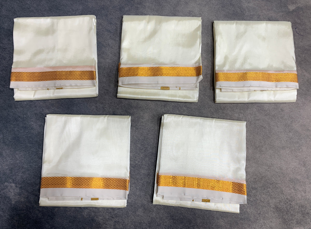 Art Silk Pooja Towel Cream with Small Gold Zari Border - Pack of 5