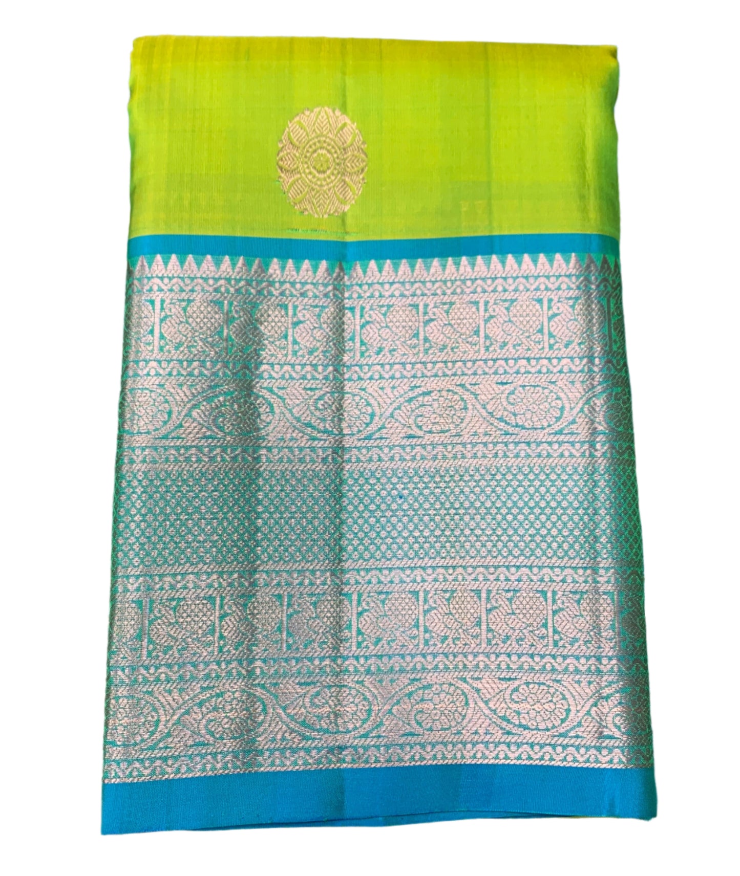 Pure Kanchipuram Silk Saree Apple Green Colour with Sky Blue Border