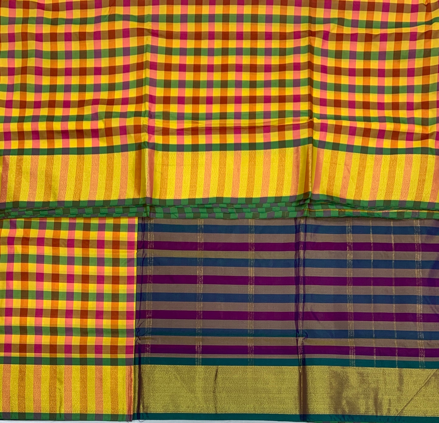 9 yards Vegan Silk Saree Multi Colour with Golden Border