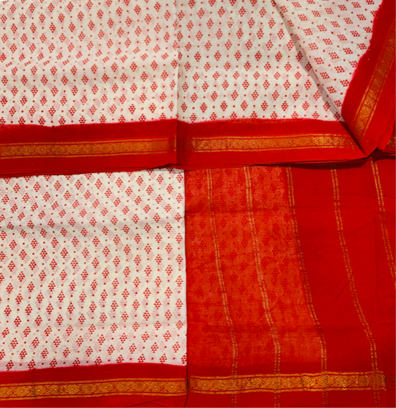 9 yards Cotton Saree White Colour with Red Border