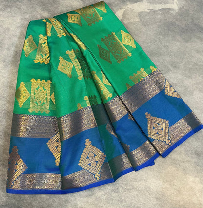 Soft Silk Casual Saree Light Green Colour with Rettai Pettu Blue Colour Border