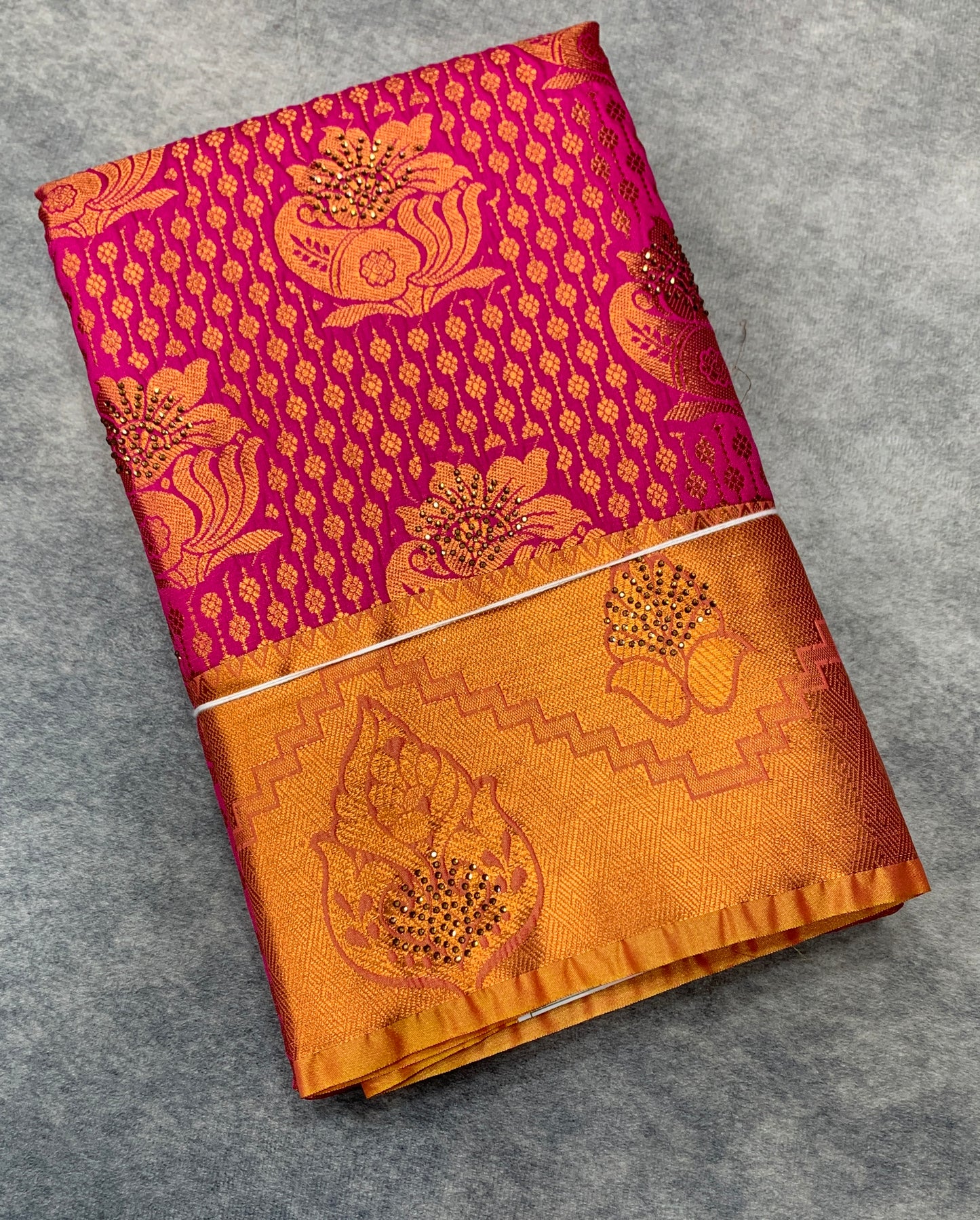 Vegan Silk Saree Pink Colour with Copper and Golden Yellow Border