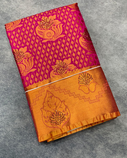 Vegan Silk Saree Pink Colour with Copper and Golden Yellow Border