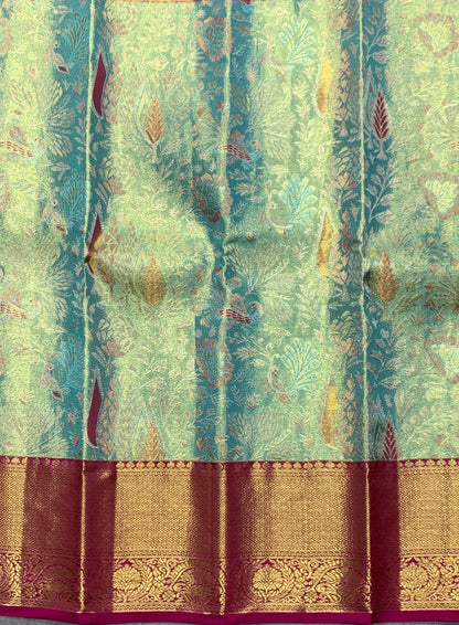 Sapphire Shade Pure Kanchipuram Kids Pattu Pavadai with Contrast Border for Newborn to 2 Years