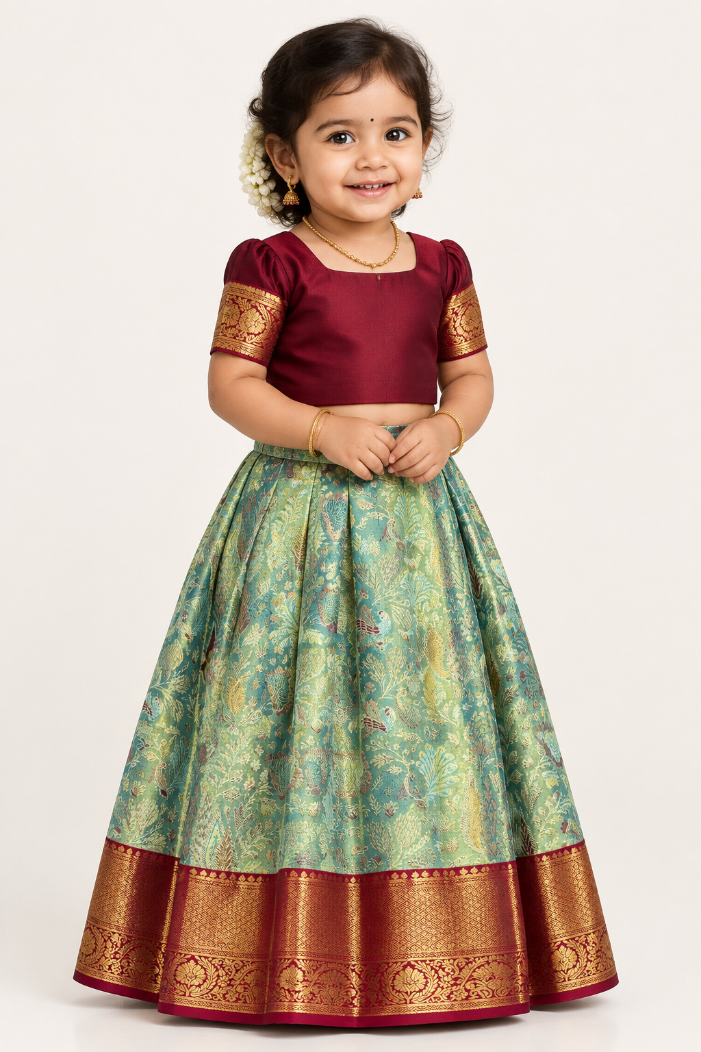 Sapphire Shade Pure Kanchipuram Kids Pattu Pavadai with Contrast Border for Newborn to 2 Years