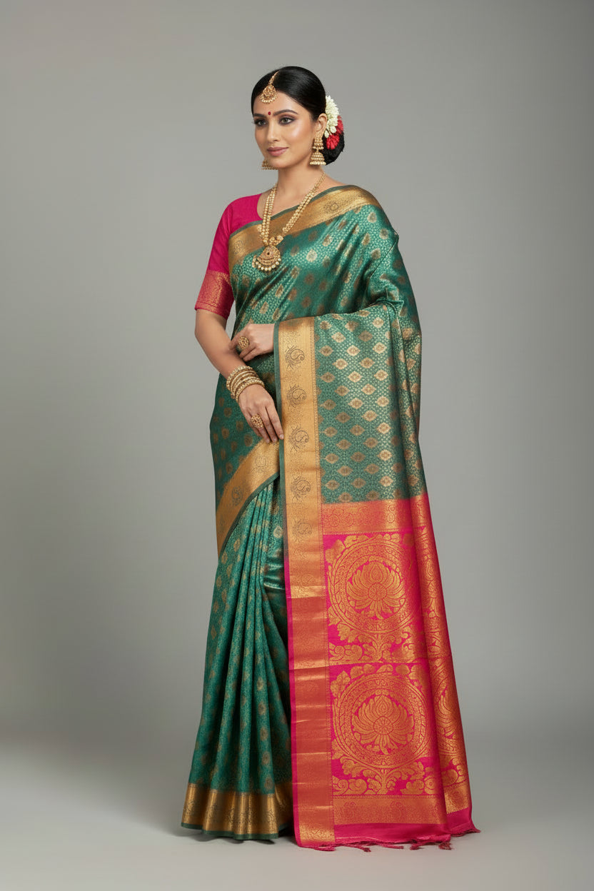 Vegan Silk Saree Peacock Green Colour with Pink and Copper Border