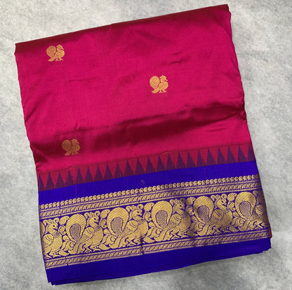 9 yards Pure Kanchipuram Silk Saree Pink Colour with Blue Border