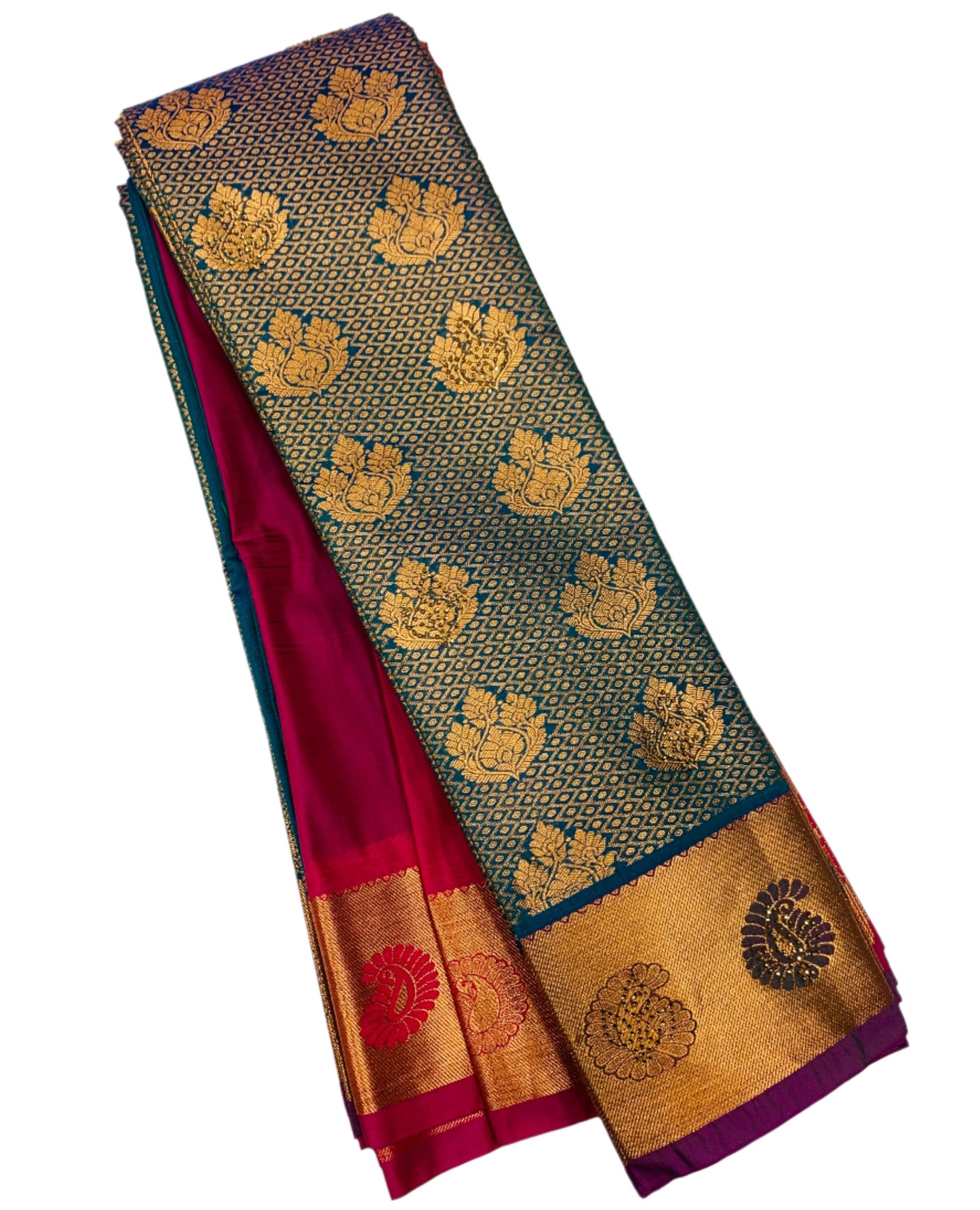 Vegan Silk Saree Aqua Blue Colour with Copper and Magenta Border