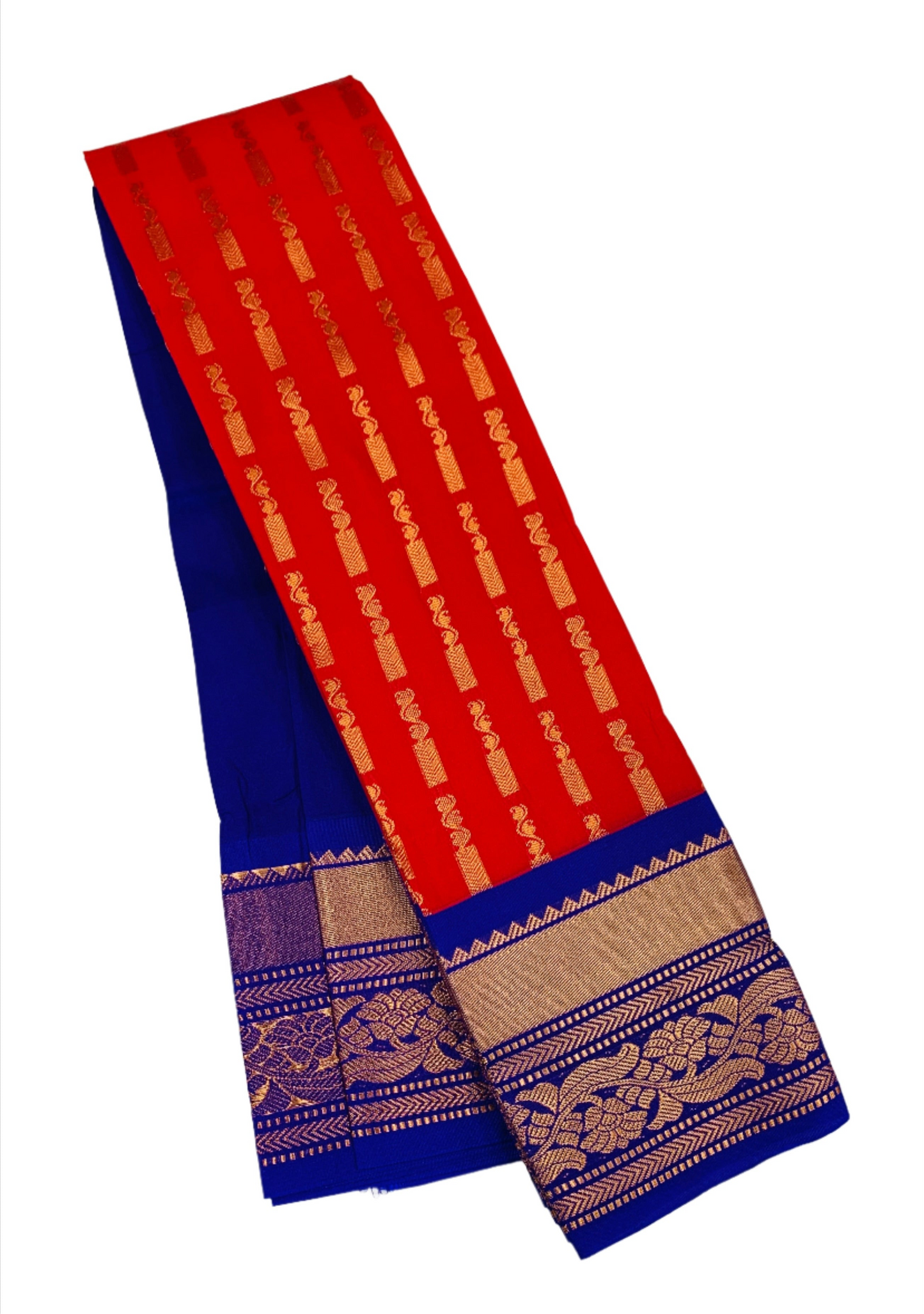 Vegan Silk Saree Red Shade with Blue Border and Floran Design