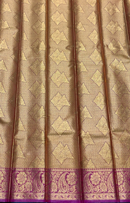 Vegan Silk Saree Mustard Colour with Copper and Pink Border