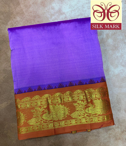 9X5 Pure Silk Dhoti Magenta Colour with Orange and Blue Ganga Jamuna Border
