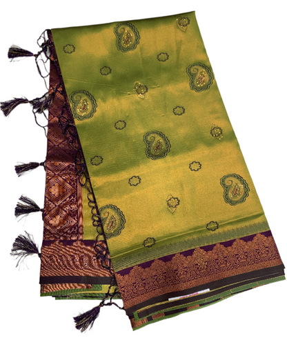 Art Silk Saree Olive Green Colour with Purple Border