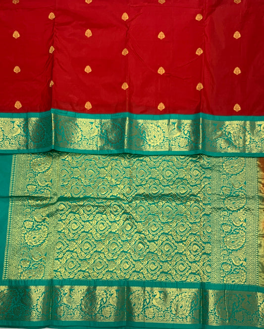 Pure Kanchipuram Silk Saree Red Colour with  Rama Green Border