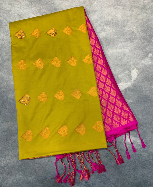 Soft Vegan Silk Saree Lime Green Colour with Pink and Copper Border