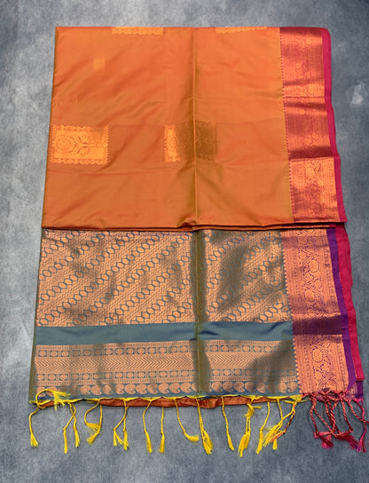 Soft Vegan Silk Saree Russet Orange Colour with Magenta and Copper Border