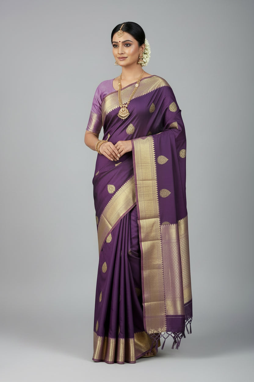 Pure Kanchipuram Silk Saree Wine Purple Colour Shade with Onion Pink Colour Border