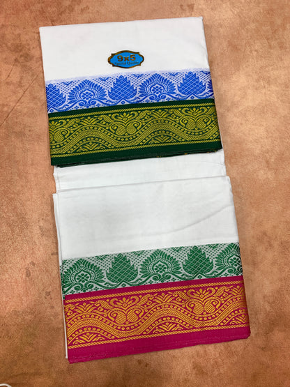 9X5 Cotton Dhoti White with Green and Pink Ganga Jamuna Border