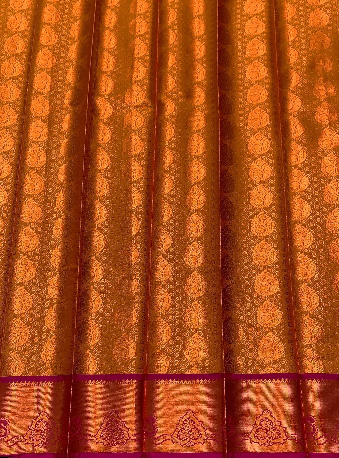 Vegan Silk Saree Golden Yellow Colour with Pink and Copper Border