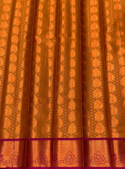 Vegan Silk Saree Golden Yellow Colour with Pink and Copper Border