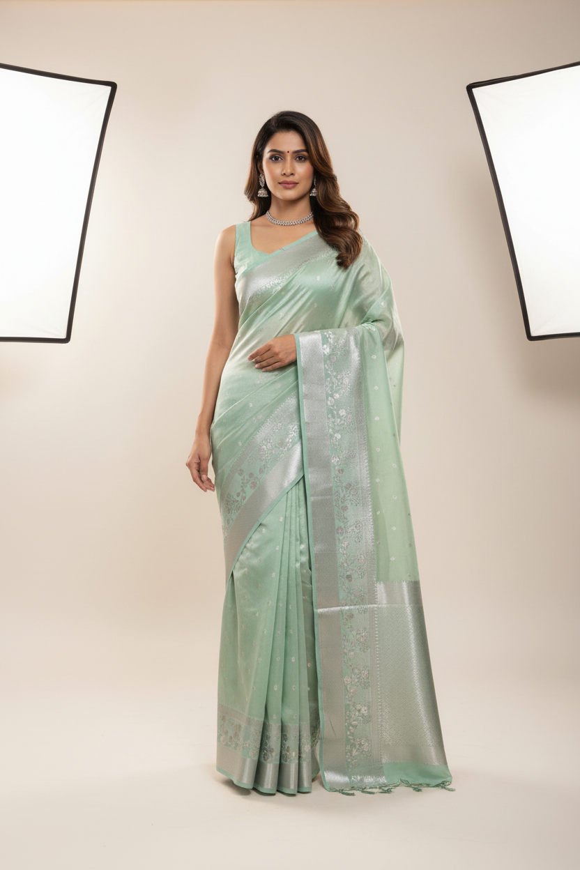 Meenakari Banaras Tissue Silk Saree Mint Green Colour