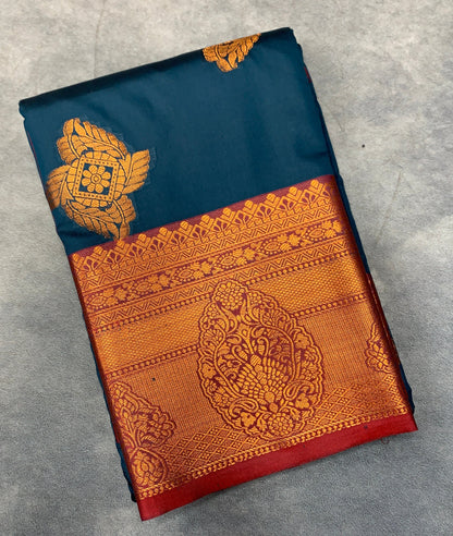 Soft Silk Casual Saree Navy Blue Colour with Maroon and Golden Colour Border