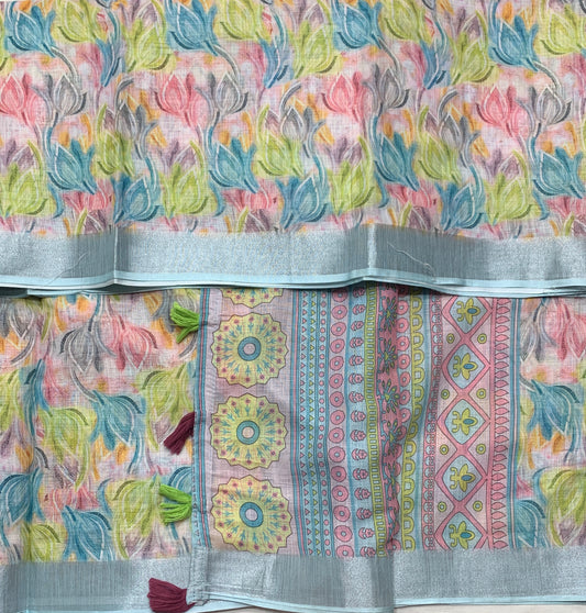 Jute Cotton Saree Sky Blue Shade with Thread Border